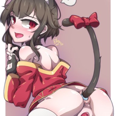 megumin, eko., 1girls, anal, anal object insertion, anal training, animal ears, anus, bent over, brown hair, buttplug, buttplug tail, cute, female, looking at viewer