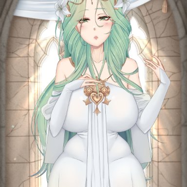 fire emblem, fire emblem: three houses, nintendo, rhea (fire emblem), cryptid crab, 1girls, bare shoulders, flower, green eyes, green hair, hair flower, huge breasts, long hair, long sleeves, looking at viewer