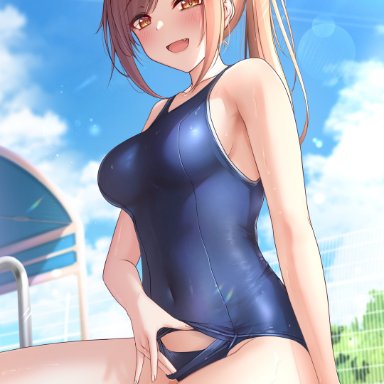 original, monaka curl, :d, bare arms, bare shoulders, blue swimsuit, blurry, breasts, brown eyes, brown hair, covered navel, day, depth of field, female, long hair