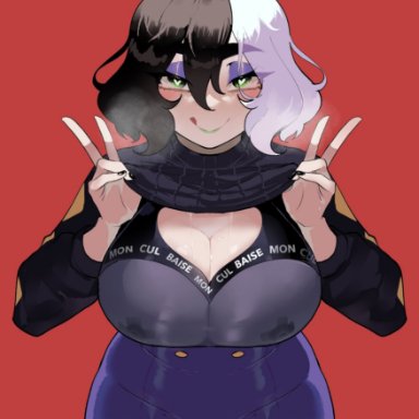 yorra villeneuve, nyantcha, thiccwithaq, 1girls, :p, black hair, blush, bodily fluids, bra, cleavage, clothing lift, double peace sign, female, female only, green eyes