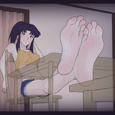 neon genesis evangelion, katsuragi misato, misato katsuragi, wtfeather, barefeet, barefoot, feet, feet tease, feet together, foot fetish, foot focus, foot worship