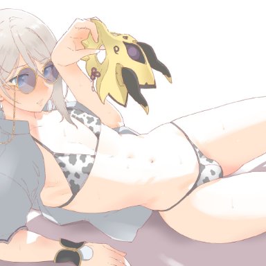 fate/grand order, fate (series), gao changgong (fate), artist request, 1boy, animal print, bikini, bikini bottom, bikini top, blue eyes, blush, bracelet, bulge, cow print, cow print bikini