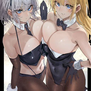 azur lane, north carolina (azur lane), washington (azur lane), signo aaa, 2girls, animal ears, bangs, bare arms, bare shoulders, black gloves, black legwear, black leotard, black neckwear, blonde hair, blue eyes