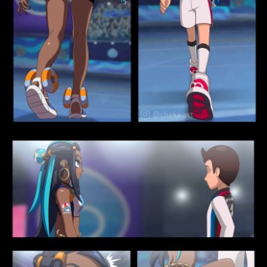 nintendo, pokemon, pokemon ss, gym leader, nessa (pokemon), victor (pokemon), cheka.art, !, 1boy, 1girls, ass, audience, blue hair, blush, brown hair