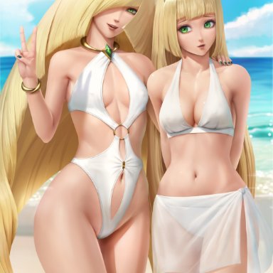 nintendo, pokemon, pokemon (game), pokemon sm, aether foundation, krabby, lillie (pokemon), lusamine (pokemon), limgae, 2girls, arm around shoulder, arms behind back, bangs, bare shoulders, beach