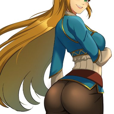 breath of the wild, nintendo, the legend of zelda, princess zelda, zelda (breath of the wild), cawfield, 1girls, ass, blonde hair, clothed, dat ass, female, female only, green eyes, long hair