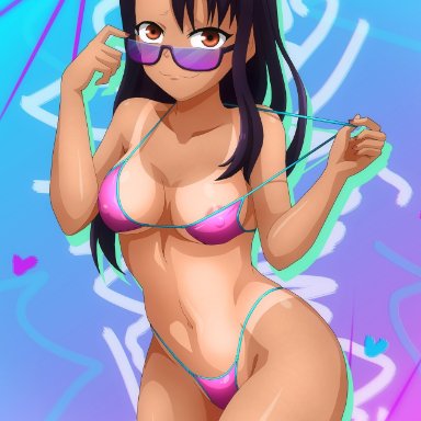 please don't bully me, nagatoro, hayase nagatoro, zel-sama, 1girls, areola slip, areolae, bangs, belly, bikini, bikini pull, black hair, blush, breasts, brown eyes, brown hair