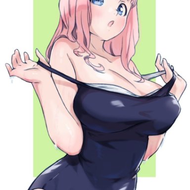 arado balanga, fujiwara chika, :o, bangs, bathing suit, big breasts, blue eyes, blue swimsuit, blush, breast squish, breasts, cleavage, hairbow, huge breasts, one-piece swimsuit