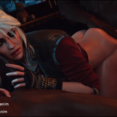 the witcher, ciri, tomoganim, 1girls, 2boys, ambiguous penetration, dark-skinned male, dark skin, foreskin, from behind, green eyes, hand on ass, imminent oral, interracial, oral