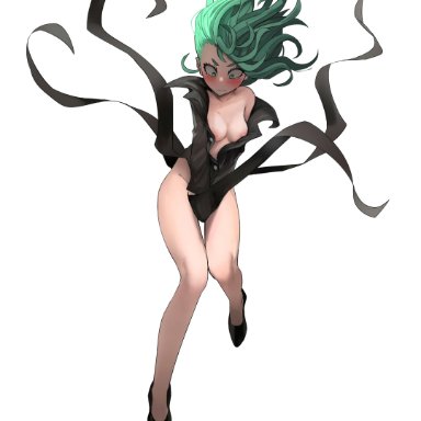 one-punch man, tatsumaki, jourd4n, miclefirst, areolae, bare shoulders, blush, breasts, covering, covering crotch, dress, embarrassed, exposed breasts, green eyes, green hair