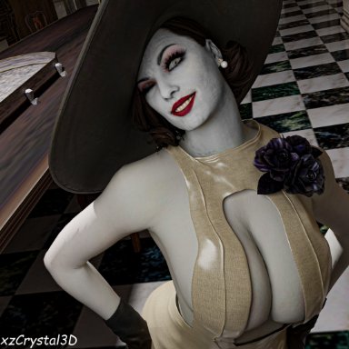 capcom, resident evil, resident evil 8: village, alcina dimitrescu, lady dimitrescu, xzcrystal3d, big breasts, breasts, cleavage, cleavage cutout, clothing, hat, large breasts, lipstick, looking at viewer