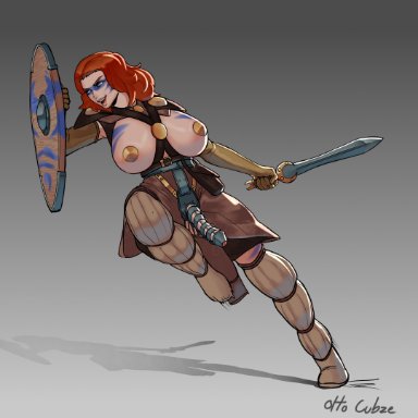 otto cubze, 1futa, armor, balls, blue eyes, blue paint, breasts, celtic, chastity, chastity belt, chastity cage, chastity device, clothed, clothing, cock armor
