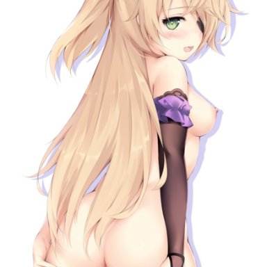 genshin impact, fischl (genshin impact), rococo, anus, ass, asymmetrical legwear, bangs, bare shoulders, black legwear, blonde hair, blush, breasts, bridal gauntlets, cleft of venus, clothes pull