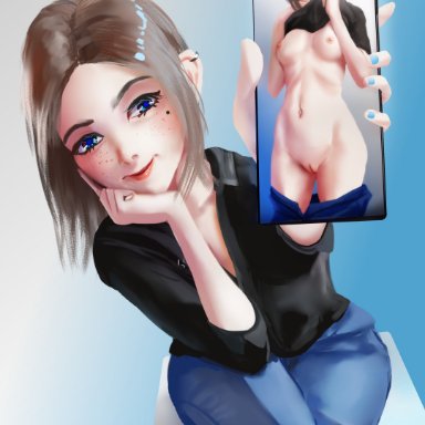 samsung, samantha samsung, rronin, blue eyes, blue nails, breasts, busty, hourglass figure, mole, mole under eye, nail polish, nude, phone, pussy, shirt lift