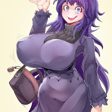 pokemon, hex maniac, besthetz, 1girls, areola bulge, arm up, big breasts, blue eyes, blush, breasts, bulge, clothed, clothes, clothing, curvaceous