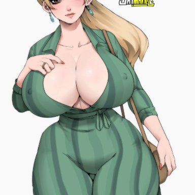 naruto, naruto (series), naruto shippuden, tsunade, jay-marvel, 1girls, alternate costume, alternate hairstyle, bag, bbw, big breasts, blonde hair, blush, breasts, breasts bigger than head