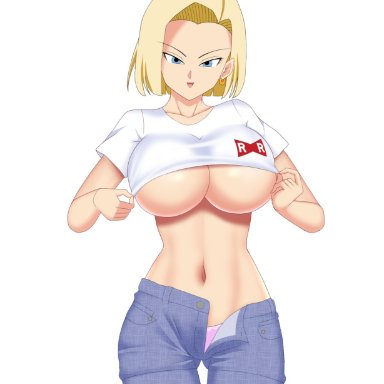 dragon ball, android 18, mangakay84, 1girls, blonde hair, blue eyes, cameltoe, cleavage, curvy, erect nipples, female, huge areolae, huge ass, huge breasts, puffy nipples