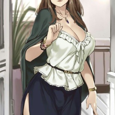 houtengeki, ass, bangs, big breasts, big butt, brown hair, curvy, elf, glasses, green eyes, huge ass, milf, mommy, necklace, pointy ears