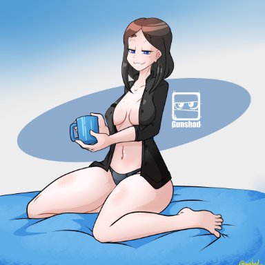 samsung, samsung sam, dahs, bare legs, blue eyes, bob cut, breasts, brown hair, feet, female, female only, freckles, grin, half-closed eyes, holding