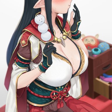 monster hunter rise, hinoa, chagama teishoku, ^ ^, bangs, bell, black gloves, blunt bangs, blush, breasts, cleavage, closed eyes, closed mouth, dango, daruma doll