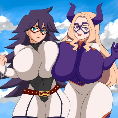 my hero academia, shounen jump, midnight (my hero academia), mount lady, nemuri kayama, yuu takeyama, ultiblackfire, 2girls, big breasts, huge breasts, hyper breasts, skin tight, thick thighs