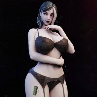 fortnite, marvel, domino, domino (marvel), wotm8h8, 1girls, bra, female, female only, hand under head, huge breasts, lingerie, long hair, looking away, nipple bulge