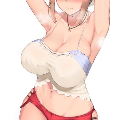 atelier (series), atelier ryza, reisalin stout, devilukez, armpits, arms up, beret, blush, breasts, brown eyes, brown hair, brown legwear, camisole, cleavage, closed mouth