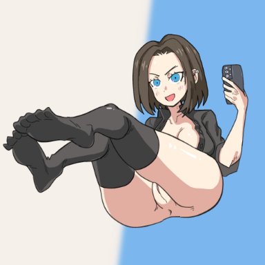 samsung, samsung sam, tomboy addict, :d, anus, ass, blue eyes, blush, brown hair, busty, female, female focus, holding phone, hourglass figure, open mouth