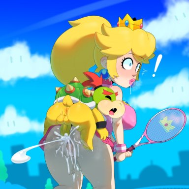 mario (series), mario tennis, nintendo, bowser jr., princess peach, somescrub, 1boy, 1girls, anal, anus, ass, ass grab, big breasts, blonde hair, blue eyes