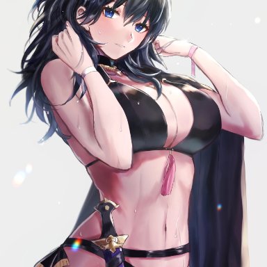 fire emblem, fire emblem: three houses, fire emblem heroes, nintendo, byleth (fire emblem), byleth (fire emblem) (female), 3h aria, 1girl, alternate costume, bikini, black bikini, black swimsuit, blue eyes, blue hair, breasts