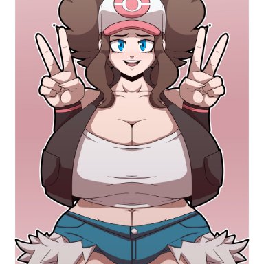 pokemon, pokemon bw, hilda (pokemon), blindstash, alternate body type, alternate breast size, brown hair, cap, cleavage, clothed, female, huge breasts, looking at viewer, midriff, navel