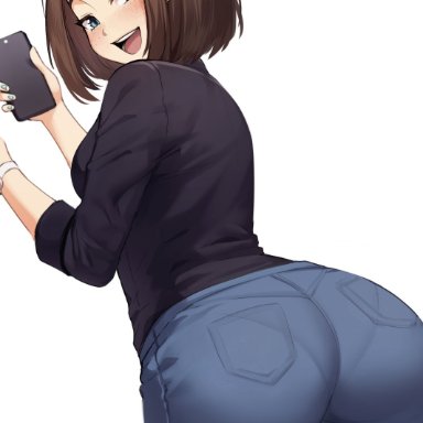 samsung, samsung sam, iwbitu, 1girls, ass, big ass, blue eyes, blue nails, brown hair, female, female only, freckles, jeans, looking at viewer, looking back