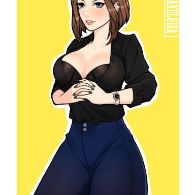 samsung, samsung sam, avelluiza, blue eyes, brown hair, busty, cleavage, hourglass figure, solo, wide hips, tagme