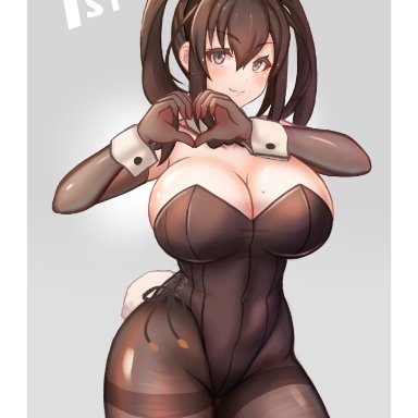 original, original character, 1girls, :3, ai gon deroga, armwear, big breasts, black armwear, black legwear, black leotard, black pantyhose, blush, breasts, bunny ears, bunny girl