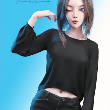 daz3d, samsung, samsung assistant, samsung sam, tristanqeverett, belly button, blue eyes, bob cut, brown hair, cute, ear piercing, freckles, looking at viewer, medium hair, mole