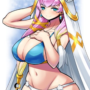 fire emblem, fire emblem heroes, nintendo, gunnthra (fire emblem), kara age, 1girls, alternate costume, bangs, bare thighs, bikini, blonde hair, blue bikini, blue eyes, blue swimsuit, blush