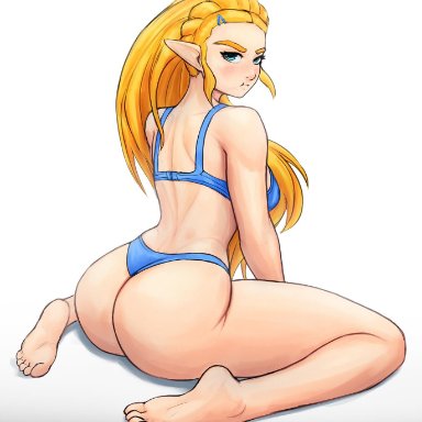 breath of the wild, nintendo, the legend of zelda, princess zelda, superbusty, 1girls, angry, annoyed, ass, back view, barefoot, big ass, blonde hair, blue eyes, blue panties