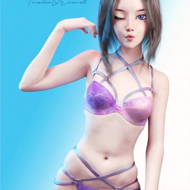 daz3d, samsung, samsung sam, tristanqeverett, belly button, blue eyes, bob cut, brown hair, cute, ear piercing, freckles, lingerie, looking at viewer, medium hair, mole