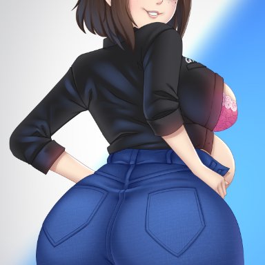 samsung galaxy, samsung sam, cakecatboy, cakehoarder, back view, big ass, big belly, bra, brown hair, female, freckles, fully clothed, huge ass, jacket, jeans