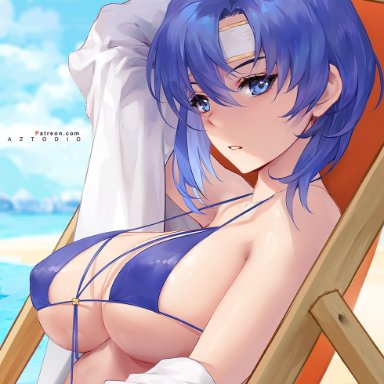 fire emblem, fire emblem heroes, nintendo, catria (fire emblem), azto dio, 1girls, arm up, bangs, beach, beach chair, blue background, blue eyes, blue hair, blue sky, blurry