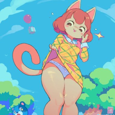 animal crossing, nintendo, felicity (animal crossing), starmilk, 1girls, :3, :o, blush, feline, female, kody (animal crossing), open mouth, panties, shocked, skirt lift