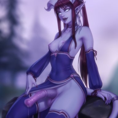 world of warcraft, personalami, 1futa, animal penis, areolae, balls, breasts, clothed, clothing, draenei, functionally nude, futa only, futanari, horsecock, horsecock futanari