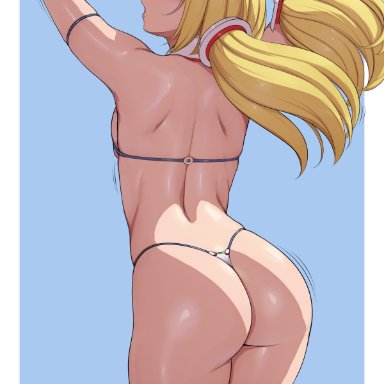 hololive, aki rosenthal, lvl, lvl (sentrythe2310), ass, ass focus, bikini, bikini bottom, bikini top, blonde hair, blue background, blue eyes, bracelet, dat ass, eyebrows visible through hair