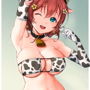 love live!, emma verde, unsfrau, 1girls, ;d, animal collar, animal ears, animal print, aqua eyes, arm behind head, armpits, bangs, bare shoulders, beige background, bell