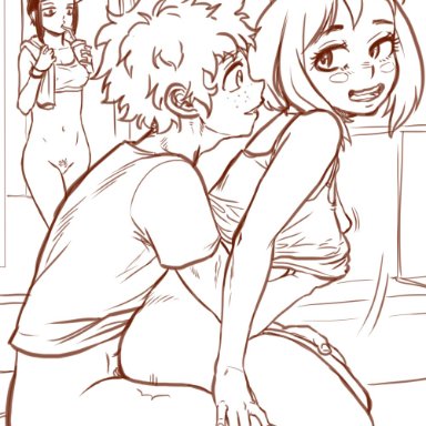 my hero academia, izuku midoriya, kyoka jiro, ochako uraraka, spidu, ambiguous penetration, couple, curly hair, freckles, penetration, pubes, sex, short hair, spidy, straight