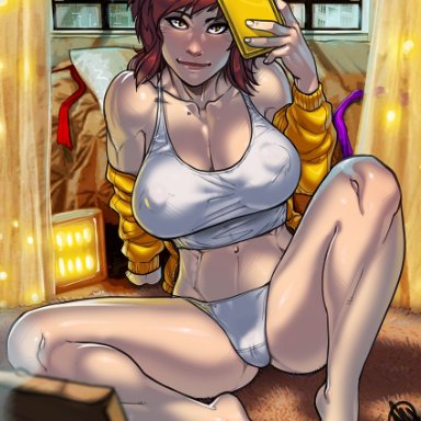 teenage mutant ninja turtles, tmnt 1987, april o'neil, april o'neil (tmnt 1987), ganassa, abs, against bed, arm support, bare shoulders, barefoot, bed, bedroom, breasts, brown eyes, cameltoe