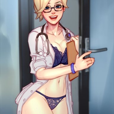 overwatch, mercy, blushypixy, 1girls, blonde hair, bra, breasts, cleavage, female, female only, glasses, huge breasts, labcoat, looking at viewer, panties
