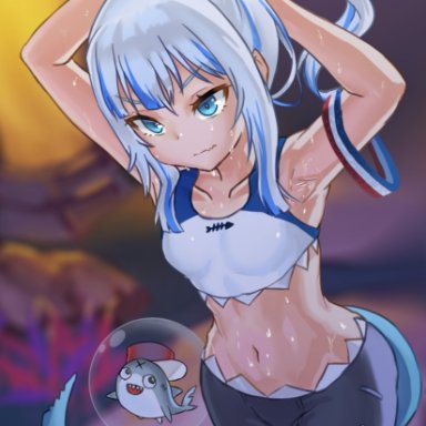 hololive, hololive english, bloop (gawr gura), gawr gura, freeze-ex, female, fit female, leggings, midriff, ponytail, solo, solo female, sweat, virtual youtuber