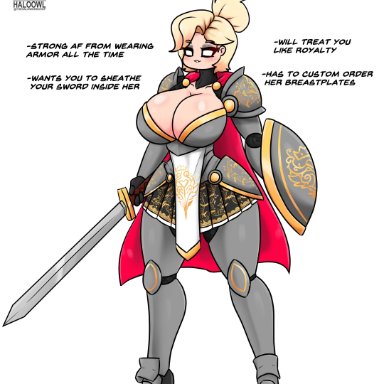 ideal gf, original, haloowl, 1girls, armor, big breasts, blonde hair, breasts, cape, cleavage, collarbone, eyebrows visible through hair, female, female only, high heels