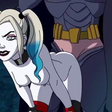 batman (series), dc, harley quinn (series), batman, harley quinn, dedx, delalicious3, kaliethva, thehoaxxx, blonde hair, bottomless, doggy style, pale-skinned female, pigtails, red lipstick